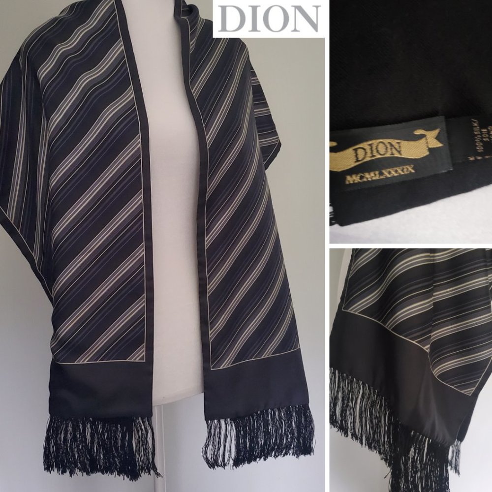 RARE Vintage Silk & Wool Long Scarf Hand Crafted Pinstripe Fringed Navy Black